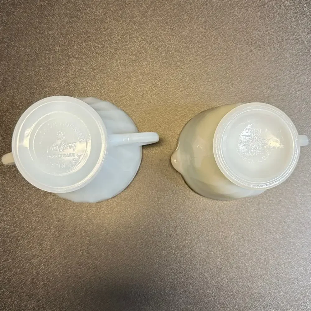 Fire King Swirl Milk Glass Sugar & Creamer Set Gold Trim Vintage Oven Ware